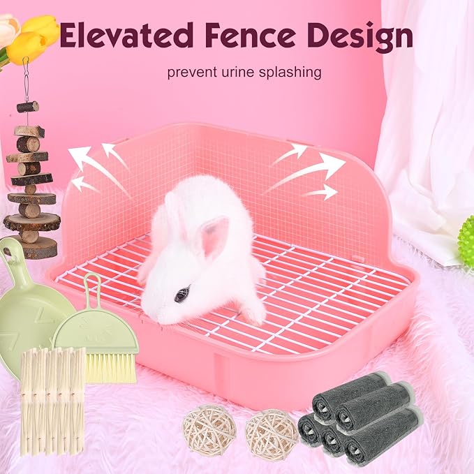 RUBYHOME Rabbit Litter Box Toilet, Plastic Square Cage Box Potty Trainer Corner Litter Bedding Box Pet Pan for Small Animals, Rabbits, Guinea Pigs, Chinchilla, Ferret, Galesaur, 11.4 Inches (Pink)