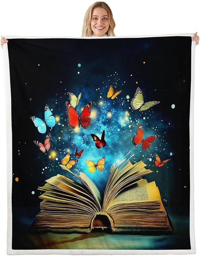 Feelyou Colorful Butterfly Fleece Throw Blanket Twin 60"x80" Kids Library Book Sherpa Blanket Plush Fuzzy for Bed Couch Chair Living Room, Reading Bed Blanket Room Decor