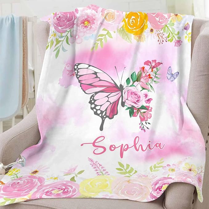 D-Story Ships Next Day, Custom Baby Blanket for Girls, Personalized Baby Gifts Butterfly Blankets, Customized Newborn Blanket with Name