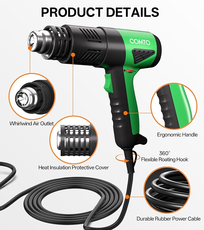 1800W Industrial Heat Gun, Fast Heating 122℉-1202℉ Variable Temperature Control Overheat Protection 2 Speed Air Flow with 4 Nozzles for Crafts, Shrinking Tubing, Vinyl Wrap (SG-1004)