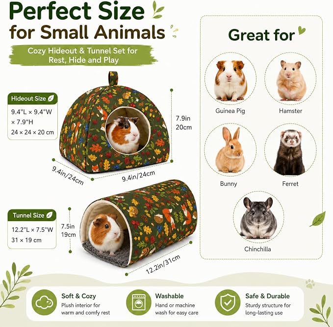 Guinea Pig Hideout Tunnel Set, 2 Pack Washable Small Animal Bed with Removable Cushion, Hamster Hideout Play Tunnel Toys for Guinea Pigs, Hamsters, Hedgehogs, Ferrets, Green Forest