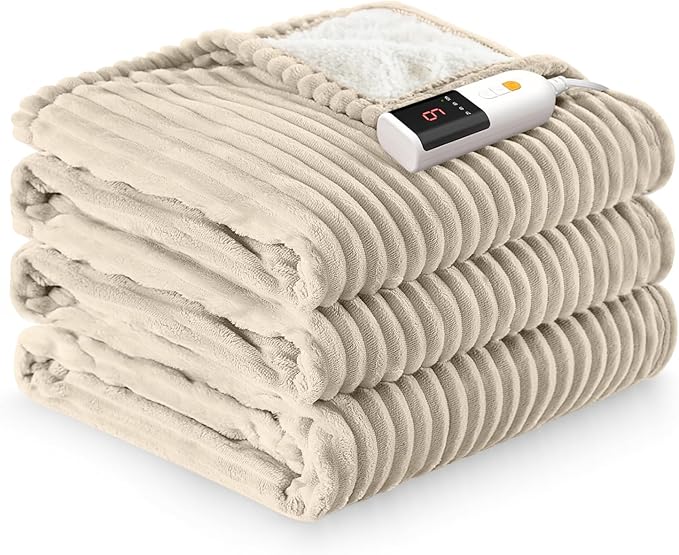 Reaks Electric Heated Blanket Full Size, Silky Soft Flannel & Sherpa Heating Blanket with 9 Heat Levels & 2-10 Hours Auto Off, Warm Gifts for Women Mom Grandma, ETL Certified (72x84 inches, Beige)