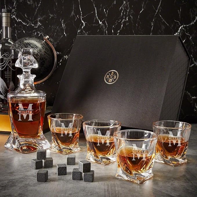 HomeWetBar Personalized Whiskey Decanter Set with Engraved Rocks Glasses & Luxury Wooden Box Set - 7pc Whiskey Decanter Gifts for Men