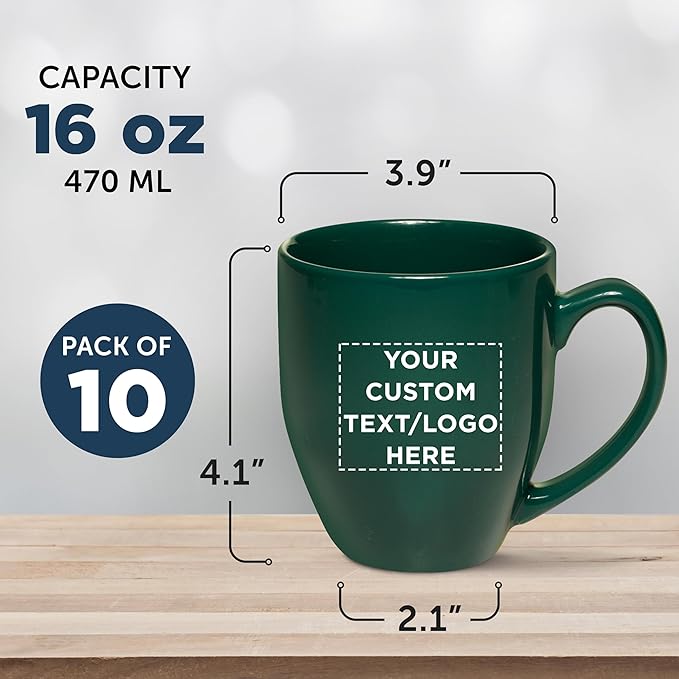 Custom Large Coffee Cups 16 oz. Set of 10, Personalized Bulk Pack - Perfect for Tea, Espresso, Cappuccino, Hot Cocoa - Green