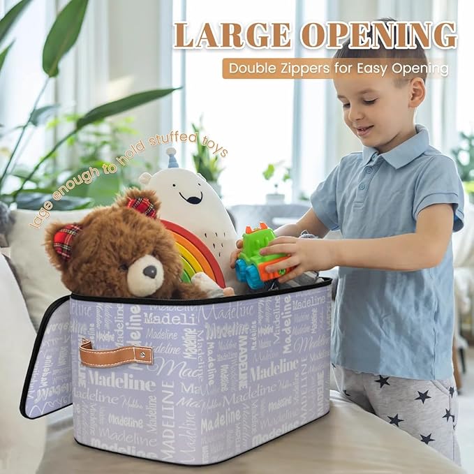 Custom Storage Basket with Name, Personalized Keepsake Box with Zipper Lid, Foldable Fabric Memory Bin Large capacity with Handle Purple White