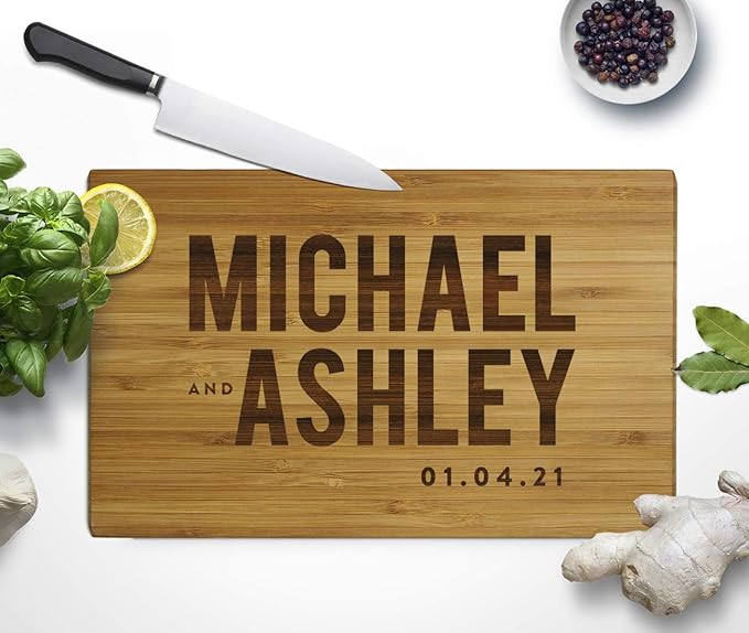 Andaz Press Personalized Laser Engraved Small Bamboo Wood Cutting Board, 9.5 x 6-inch, Bride and Groom Bold Names and Date, Custom Chopping Wedding Bridal Shower Anniversary Birthday Gift Ideas