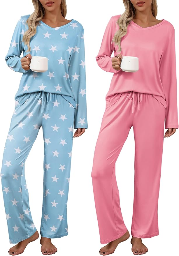 Ekouaer Womens 2 Pack Pajama Set Long Sleeve Pajamas Top and Pants V Neck Pjs Set Soft Loungewear with Pockets