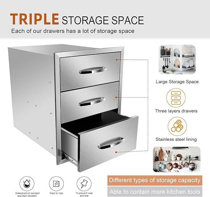 Outdoor Kitchen Drawers Stainless Steel 18W X 24H X 23D Inch, Flush Mount Triple BBQ Island Drawers with Handle for Outdoor Kitchens, Patio or Grill Station