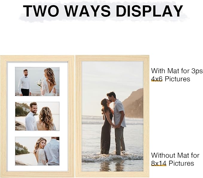 Vittanly 8x14 Picture Frames Collage Wall Decor, Displays 3Pcs 4x6 Pictures with Mat or 1Pcs 8x14 without Mat, Collage Picture Frame for Horizontal or Vertical Display, Nature Wood, 1 Pack