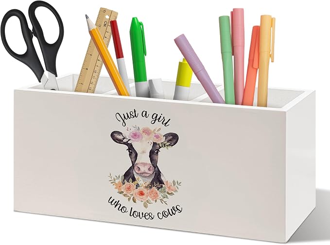 Floral Cow Pen Holder Organizer Desk Decor, Cow Gifts for Women Girls, Just A Girl Who Loves Cows Wooden Pen Pencil Holders for Girls Room Home Office Desk Accessories