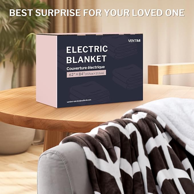 VENTIMI Electric Blanket Heated Throw, 62" x 84" Heated Blanket with 9 Heat Levels & 2 to 10 Hours Auto Off, Fast Heating Blankets with ETL & FCC Certification, Coffee