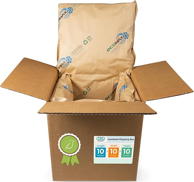 IDL Packaging 10" x 10" x 10" Insulated Shipping Box, 1.5-Gallon Capacity, Pack of 1 - Includes EcoMax™ Thermal-Paper Liners, Absorb Condensation - For Frozen Food, Meat, or Fish