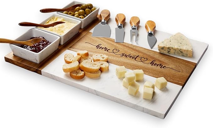 EMM Marble Cutting Board Set, Charcuterie Cheese Boards, 3 Bowls, 3 Spoons, 4 Charcuterie Utensils, Meat, Fruits, Vegetables, Housewarming, Wedding - Home Sweet Home