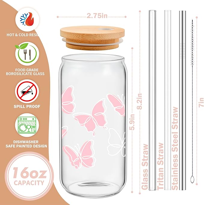 BIPEDS Butterfly Gifts for Women, Pink Cute Glass Cups with Lids and Straws, Aesthetic Iced Coffee Cup, Girly Preppy Design Tumbler Mug, Birthday Valentines Christmas, Teen Girl Gifts Trendy Stuff
