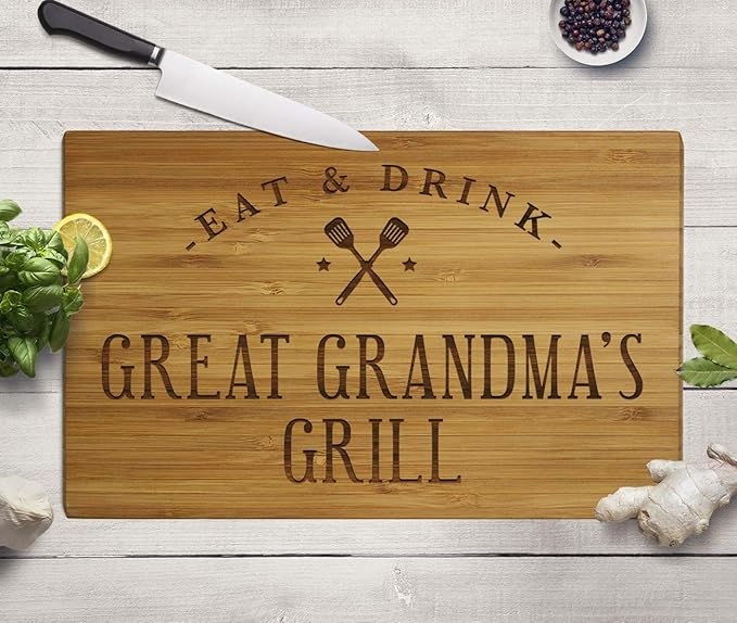 Andaz Press Large Bamboo Wood BBQ Cutting Board Gift, 17.75 x 11-inch, Great Grandma's Grill, 1-Pack, Laser Engraved Serving Chopping Board Christmas Birthday Chef Kitchen Ideas