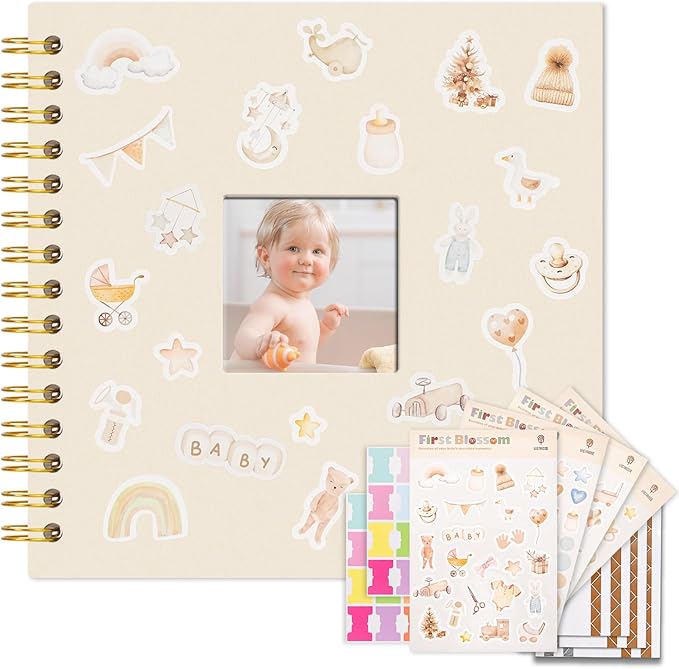 Vienrose Kids Scrapbook Album 8.5"X8.3" with Window Silk Fabric Cover Acid-Free Pages Personalised DIY Photos Scrapbooking for Baby Memory Book, First Year Keepsake Journal Gift Boy Girl, Beige