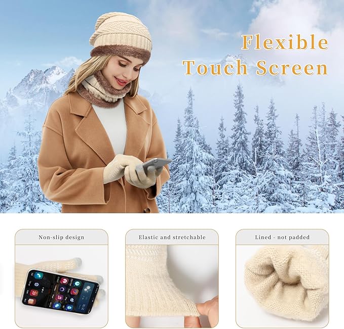 MAYLISACC Winter Knit Beanie Hat Neck Warmer Scarf and Touch Screen Gloves Set 3 Pcs Fleece Lined Skull Cap for Men Women