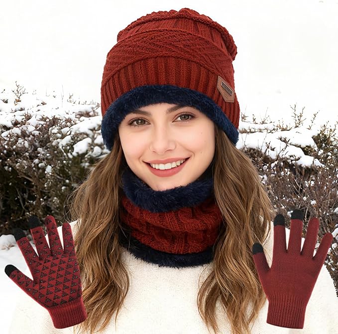 Winter Beanie Hat Scarf Glove Set for Women Snow Knit Thick Fleece Lined Ski Hat,Mens Warm Neck Warmer Touchscreen Mittens