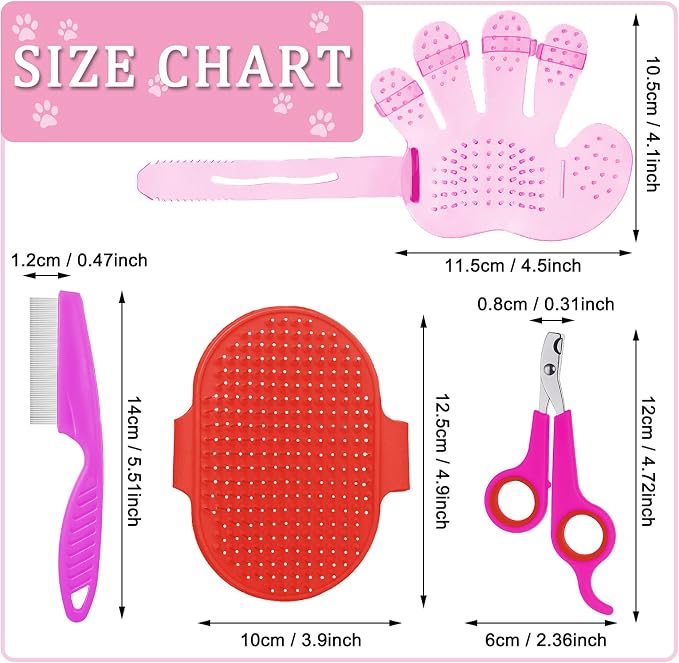 Patelai 4 Pieces Bunny Grooming Kit Rabbit Nail Clipper Rabbit Brush Hair Remover Shampoo Brush with Adjustable Ring Handle for Rabbits Guinea Pig Hamsters Puppy Kitten Hamster Ferret(Pink, Red)