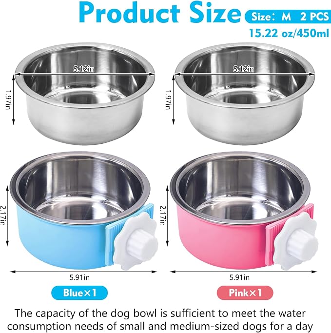 kathson Crate Dog Bowl, Removable Stainless Steel Hanging Pet Cage Bowl Food & Water Feeder Coop Cup for Cat, Puppy, Birds, Rats, Guinea Pigs (2 PCS, Size: M, Blue and Pink)