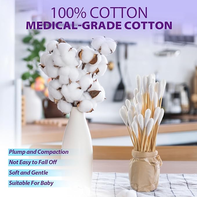 Dental Grade Inch Long Cotton Swabs with Bamboo Wooden Handles Cotton Tipped Applicator by OMNIA ONE | Ideal for Application of Medication, Cleaning Skin, Arts and Crafts Remover Tool (6" (1000PCs))