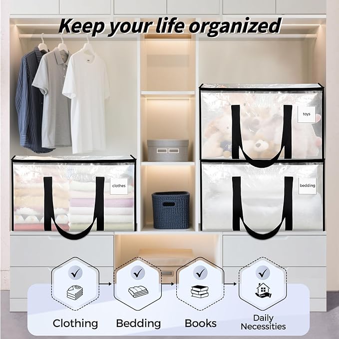 8 Pack Extra Large Heavy Duty Moving Bags, Clear Storage Bins with Lids, Reinforced Handles & Heavy-Duty Zippers Moving Boxes Storage Bags Totes for Clothes Packing, Dorms, College Supplies, Clear
