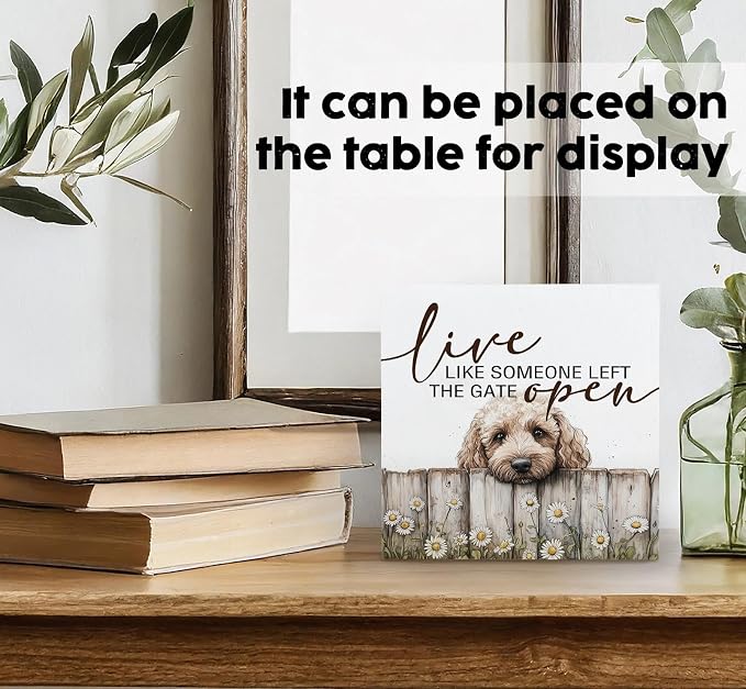 Goldendoodle Wooden Box Sign, Rustic Farmhouse Live Like Someone Left the Gate Open Signs for Home Decor,Farm Dog Office Kitchen Bedroom Decor,Goldendoodle Gifts for Kids Women Men,6x6
