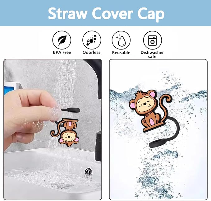 Animal Straw Toppers For Stanley Cups;Straw Covers Cap Toppers Compatible With Stanley 30&40 Oz Tumbler, Reusable & Silicone Tumbler Straws Topper For 0.4 Inch Tips Animal Lover Gifts (Monkey)