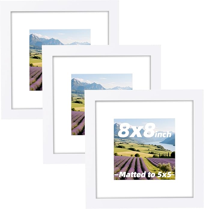 3 Pcs 8x8 White Picture Frame - Display Pictures 5x5 with Mat or 8 x 8 without Mat - White Wood Picture Frames for Wall Mounting - Wooden Photo Frame for 8 8 Matted to 5x5 Print Set of 3