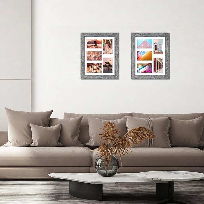 11x14 Picture Frame Display 5 opening 4X6 Picture Frame Collage,Multi Photo Frame with Mat,Plexiglass,Wall or Tabletop Decor,Grey Wood Grain