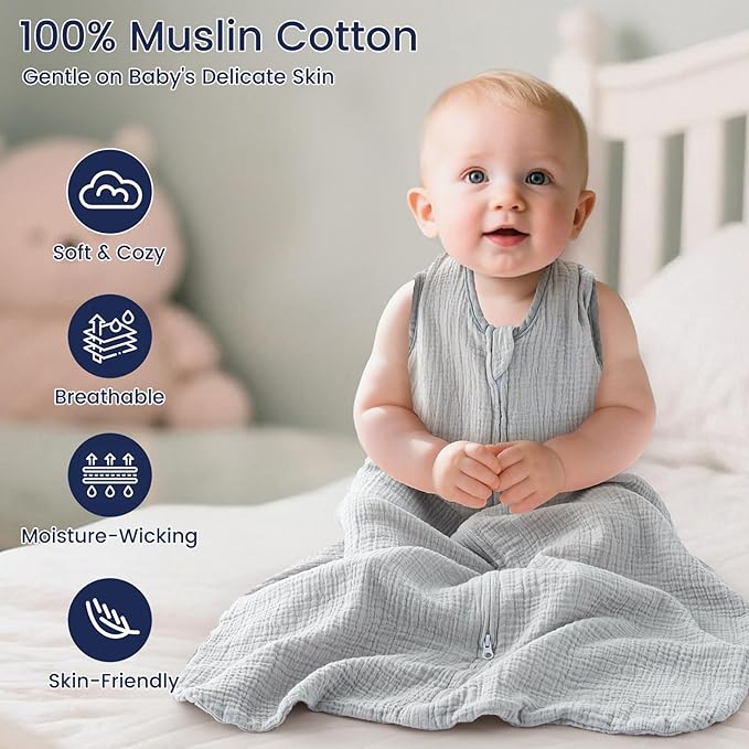 PHF 100% Muslin Cotton Baby Sleep Sacks, 18-24 Months Sleep Sack with 2-Way Zipper, 2 Pack Cooling Unisex 0.5 TOG Breathable X-Large Size Sleeveless Baby Wearable Blanket, White & Grey