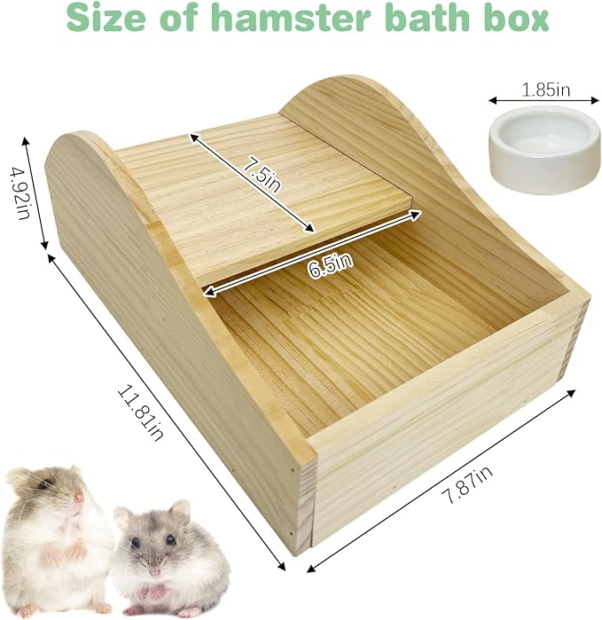 PINVNBY Hamster Sand Bath Box Wooden Shower Room Digging Sand Bathtub Container Hamster Bathroom for Dwarf Syrian Mice Mouse Gerbils with Small Bowl