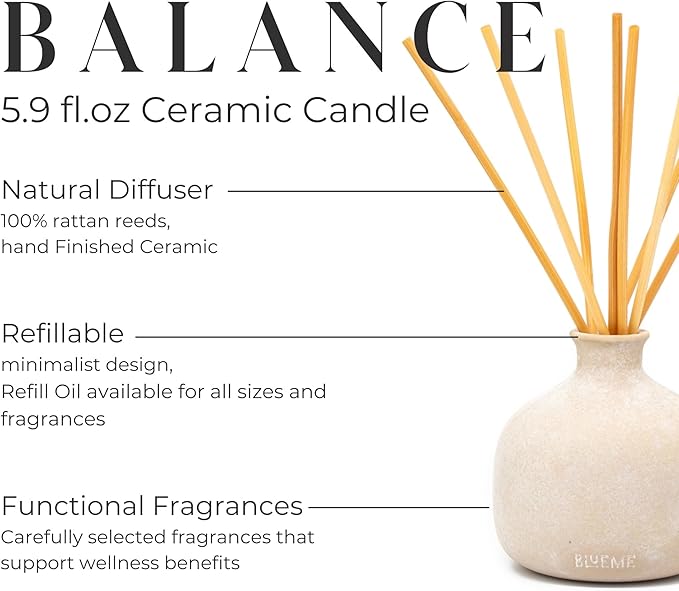 BLUEME Balance-White Lotus & Tea, 5.92 Fl Oz Wellness Diffuser, Contains Essential Oil, Sustainable, Hand Finished, Premium, Luxury Ceramic, Natural Rattan Reeds