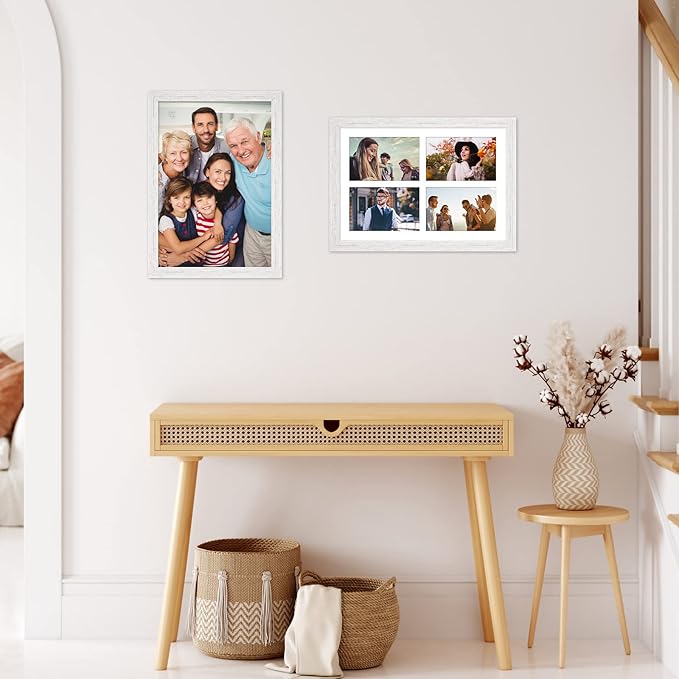 9x13 Collage frame with 4 Openings 4X6 Pictures, Multiple Picture Frame with Mat, Wall or Tabletop Decor, White Wood Grain (1 Pack)