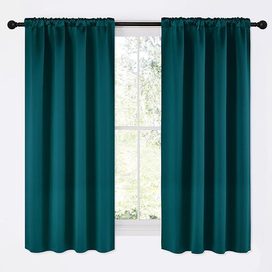 NICETOWN Teal Blackout Cafe Faux Silk Curtains for Small Windows, 42" Wide by 63" Long, 2 Panels, Rod Pocket Thermal Insulated Blackout Satin Drapes for Bedroom