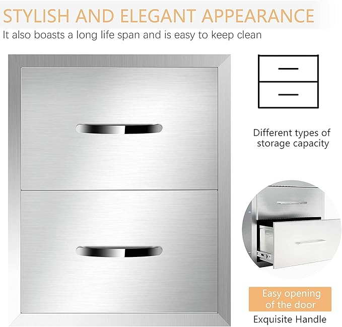 Outdoor Kitchen Drawers Stainless Steel 18W X 23H X 23D Inch, Flush Mount Access BBQ Drawers with Handle, Double BBQ Island Drawer for Outdoor Kitchens Island, Patio or Grill Station