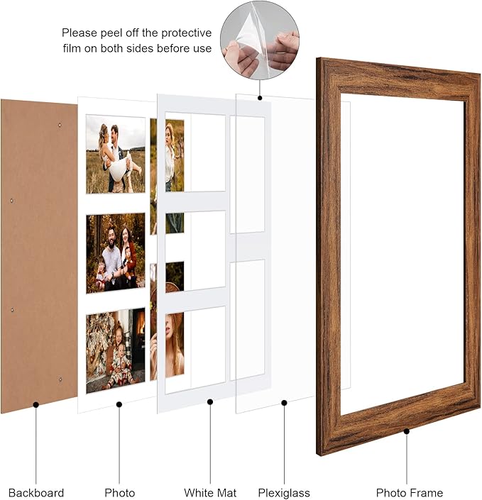 11x14 Picture Frame Display 5 opening 4X6 Picture Frame Collage,Multi Photo Frame with Mat,Plexiglass,Wall or Tabletop Decor,Carbonized Brown Wood Grain