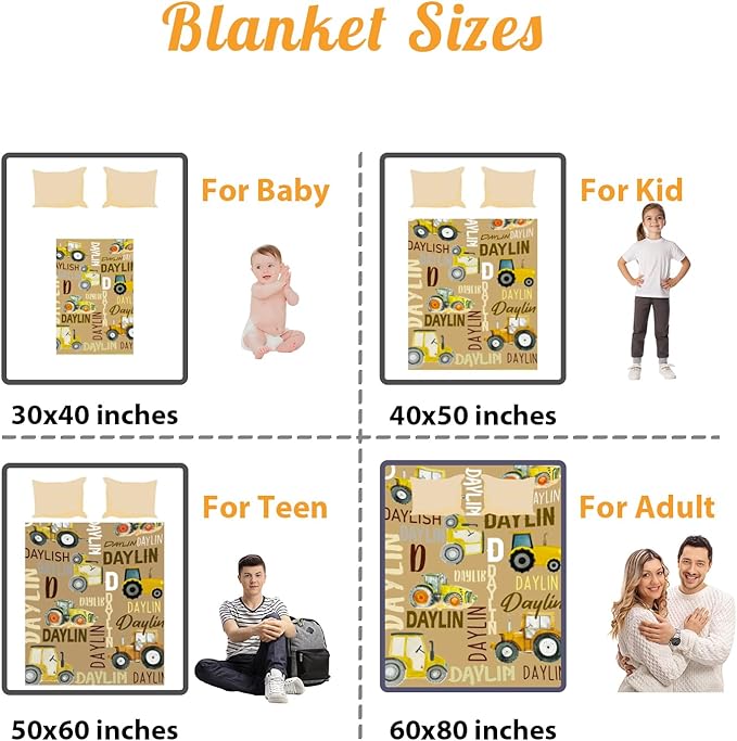 Personalized Tractors Blanket - Custom Name with Farm Tractor Trucks Design - Soft Plush Flannel Bed Blanket for Baby Kid Teen Boys Girls Customized Gifts Khaki