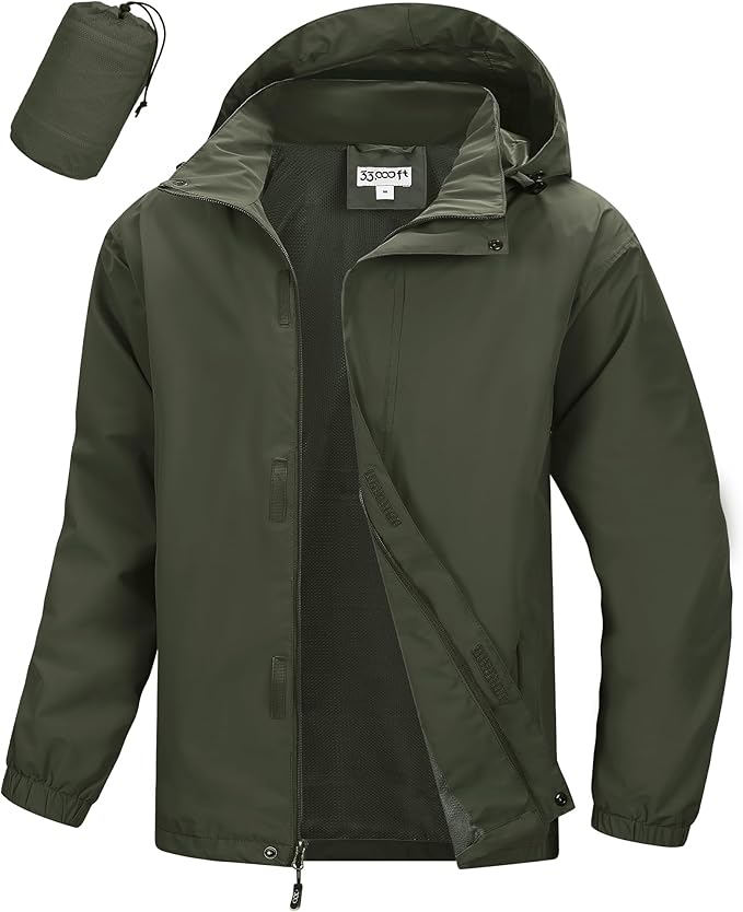 33,000ft Men's Packable Rain Jacket Waterproof Lightweight Raincoat Rain Shell with Hood for Outdoor Hiking Golf Travel
