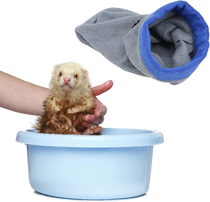 2 Pack Ferret Bath Towel Bag - Fast Drying Absorbent Bathrobe with Adjustable Drawstring Microfiber Towel for Hamster Squirrel Bearded Dragon Rabbit Small Animal Grooming Accessories (Blue+Grey)