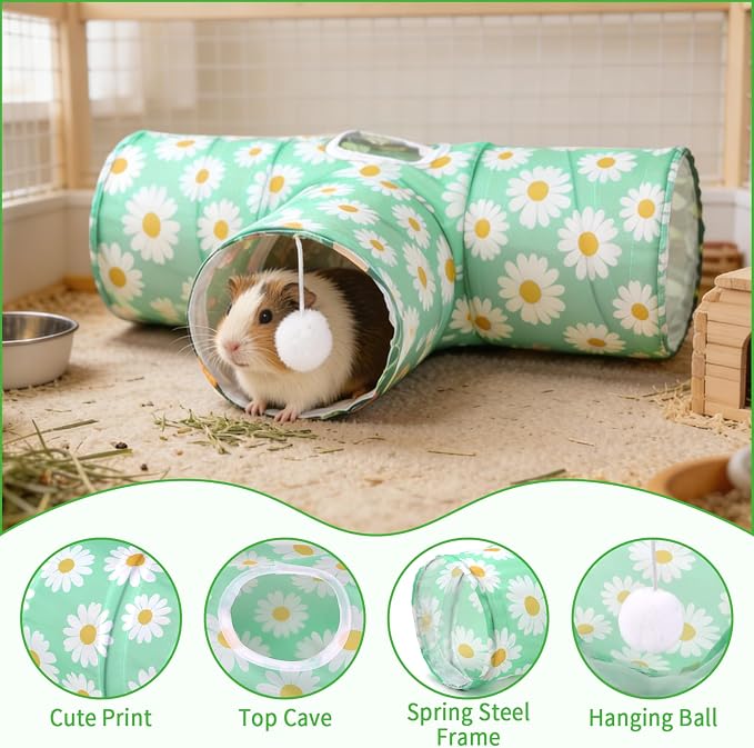 Rypet Guinea Pig Tunnel Hideout 3-Way Collapsible Small Pet Tubes, Daisy | 3 Way Design for Exploration, Collapsible for Easy Storage, Built-in Play Ball, Hiding & Resting for Hamsters Ferrets