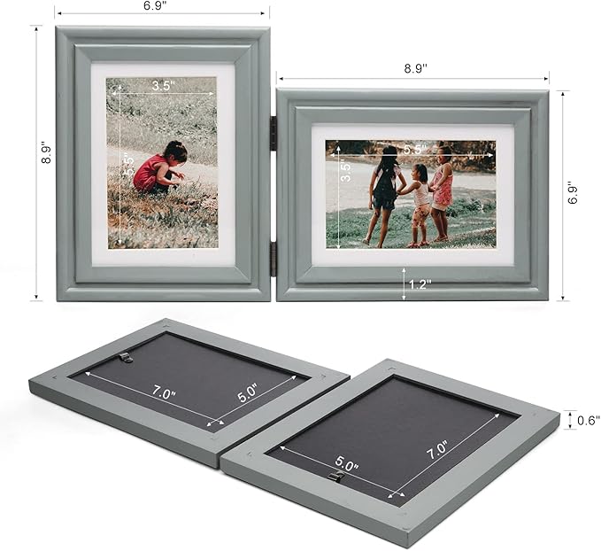 Vertical & Horizontal 5X7 Picture Frames Double Hinged Wood Folding Photo Frames with Real Glass Front Fit for Desktop or Tabletop Display Pictures 4x6 with Mat or 5x7 Without Mat, Gray
