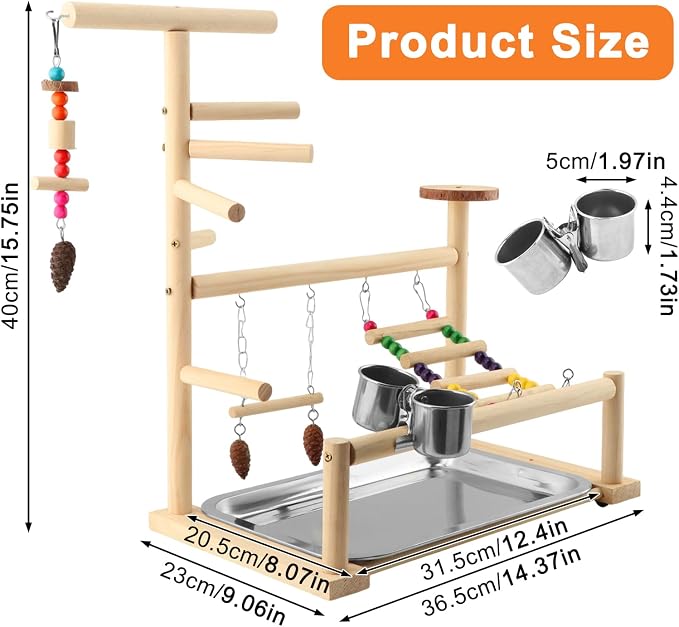 Bird Playground, Natural Pine Wood Parrot Stand with Swing, Climbing Ladder, Chew Toy and Perches, Bird Play Stand for Parakeets, Budgies, Cockatiels and Small Birds