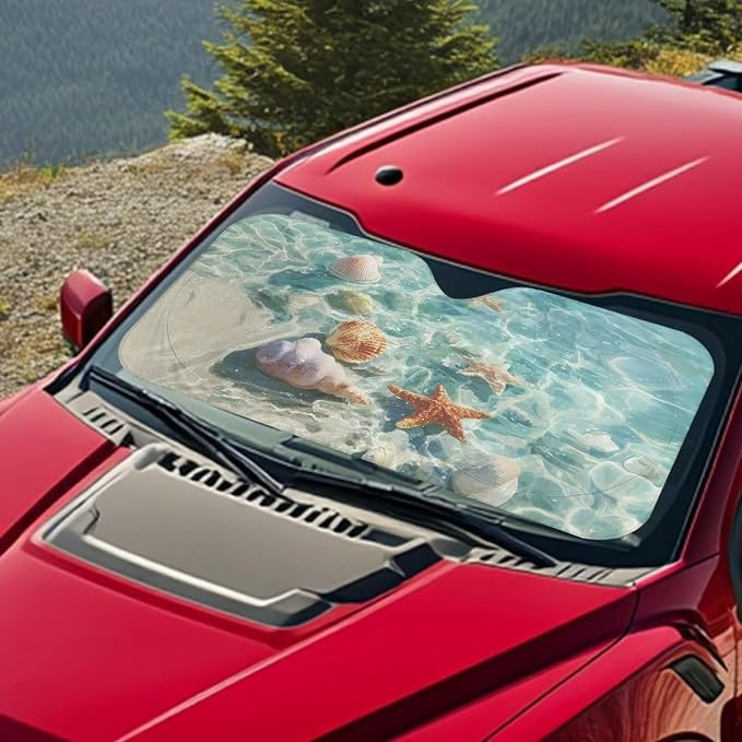 Seashell Starfish Car Windshield Sun Shade Foldable Car Windshield Sunshades Car Front Window Covers for Cars Interior Accessories Universal for Most Sedan Truck SUV