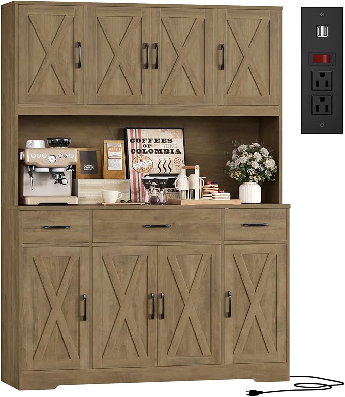 HOSTACK 71" Tall Pantry Cabinet with Charging Station, 55" Wide Kitchen Pantry Storage Cabinet with Countertop, Large Kitchen Hutch with Storage and Microwave Stand for Dining Room, Rustic Brown