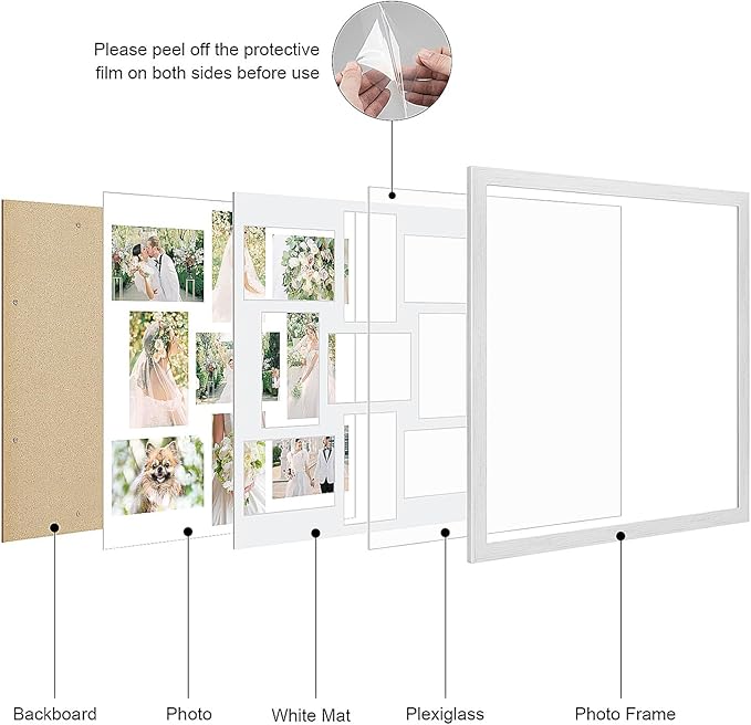 17x17 Collage frame with 9 Openings 4X6 Pictures, Multiple Picture Frame with Mat, Wall or Tabletop Decor, White Wood Grain,2 Pack