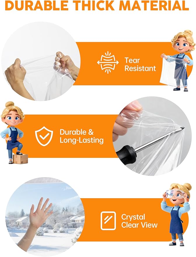 Ready-to-Install Plastic Window Insulation Film 39″×63″ (Fits 36″×60″ Windows), Reusable Clear Draft Protection Window Cover with Built-in Hook & Loop Edge, No Cutting or Messy Tape