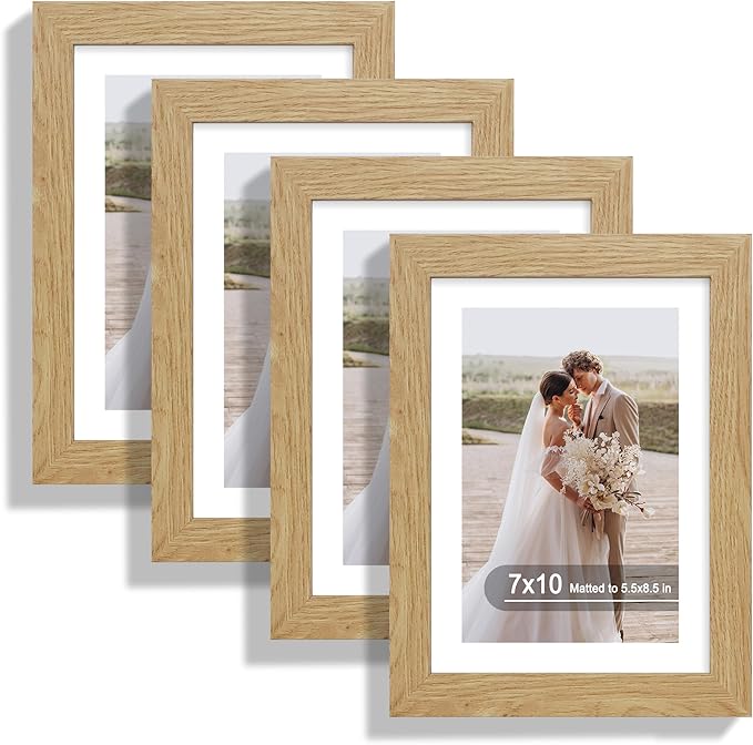 7x10 Picture Frame Set of 4, Made of Real Glass and Natural Oak Frame - Display Picture 5.5x8.5 with Mat or 7x10 Without Mat, 7 by 10 Photo for Wall or Tabletop