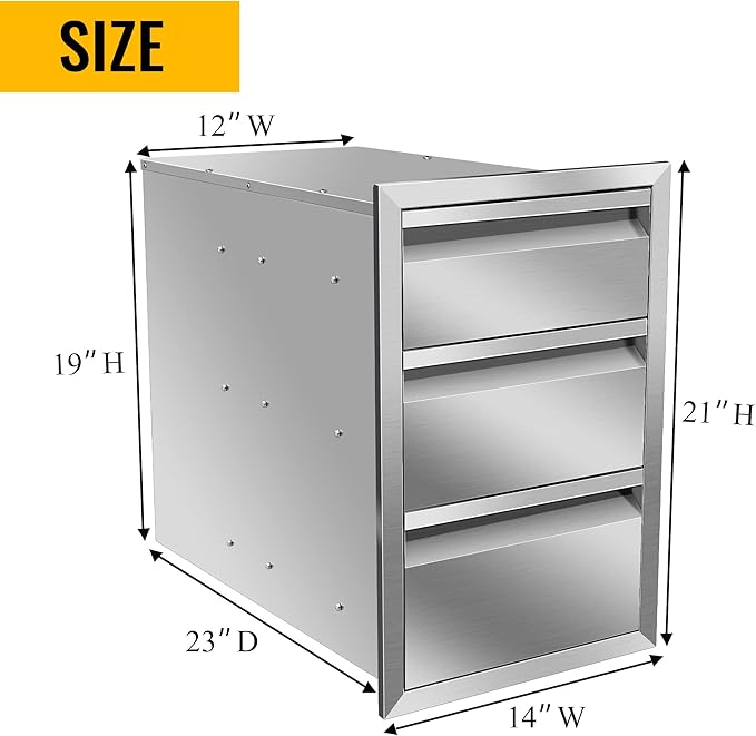 Outdoor Kitchen Drawers Stainless Steel 14W X 21H X 23D Inch, Flush Mount Triple BBQ Island Drawers with Hidden Handle for Outdoor Kitchens, Patio or Grill Station