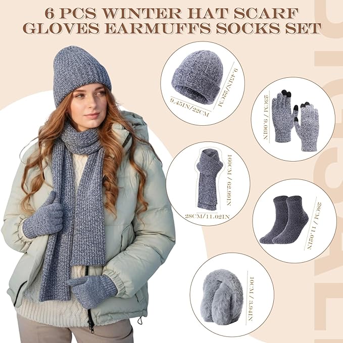 Geyoga 6 Pcs Winter Knit Set Beanie Hat Long Scarf Touchscreen Gloves Ear Muff Socks Warm Valentine Gift for Women Men Snow(Blue,Chic Style)